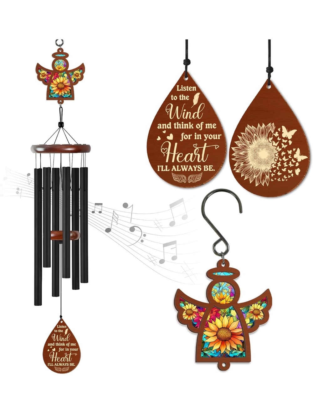 Angel Sunflower Wind Chime - Inspirational Wooden Hanging Decor